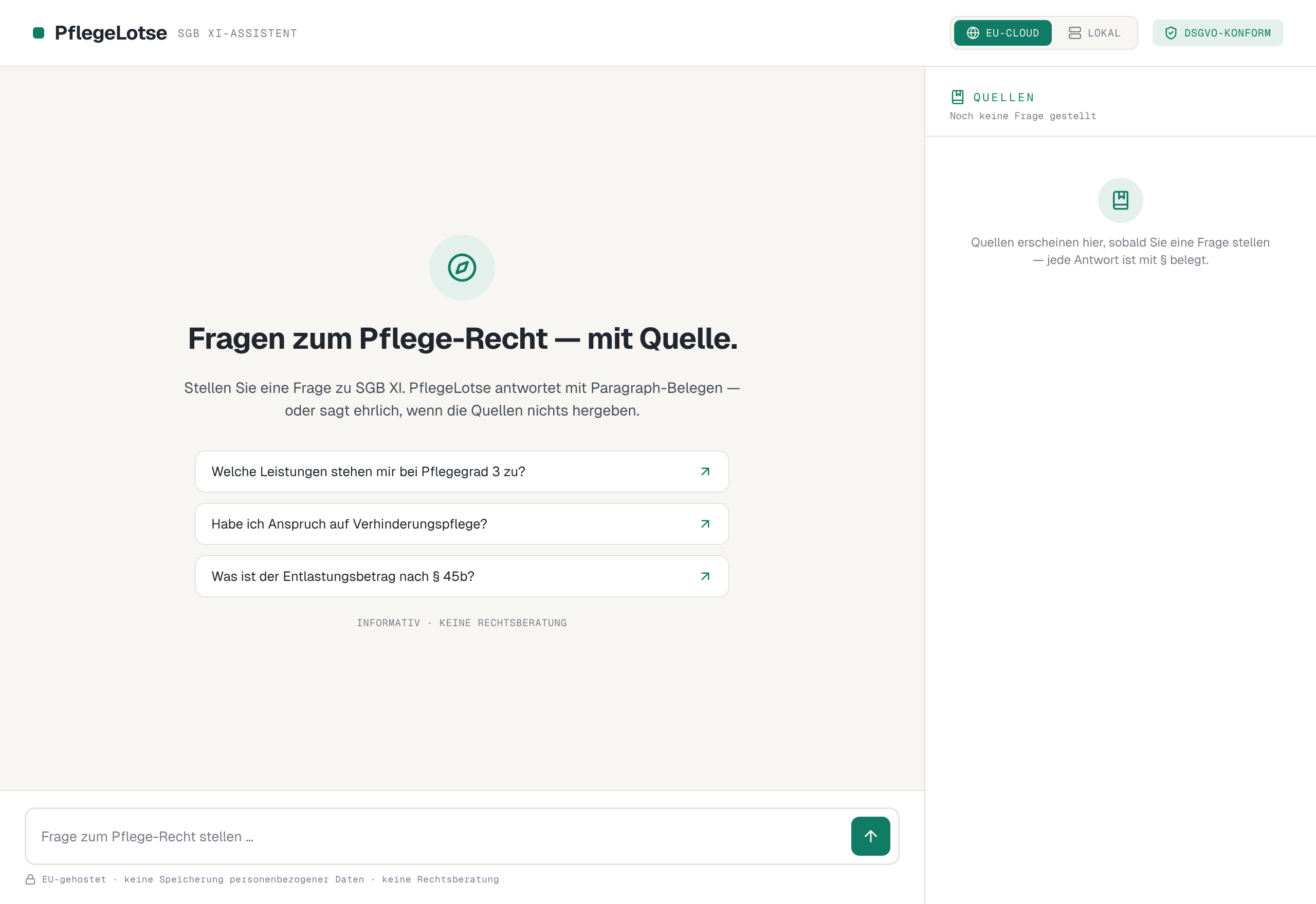 Startbildschirm mit Beispielfragen